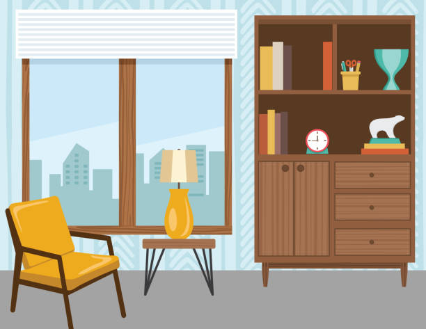 illustrazioni stock, clip art, cartoni animati e icone di tendenza di soggiorno con mobili e accessori - tavolino