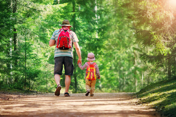 istock Father and boy going camping with tent in nature 1134028670