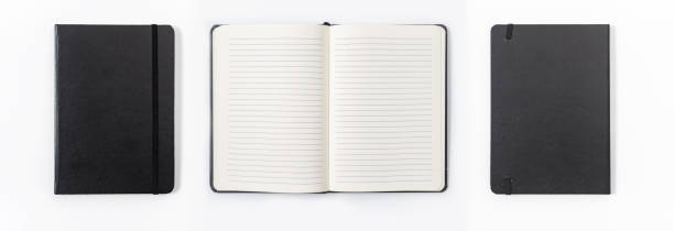 비즈니스 개념-모형에 대 한 흰색 배경 책상에 검은 노트북의 탑 뷰 컬렉션 - note pad leather diary book 뉴스 사진 이미지