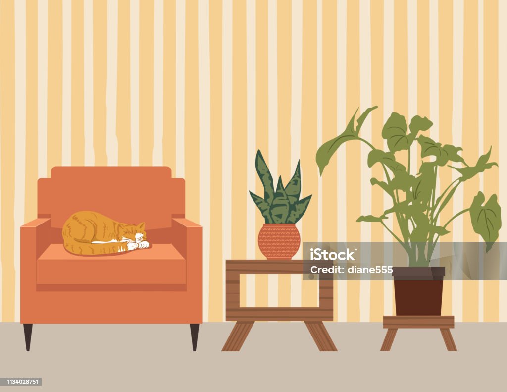 Living Room With Furniture And Accessories Wallpapered Living room with chair and accessories. Modern stock vector