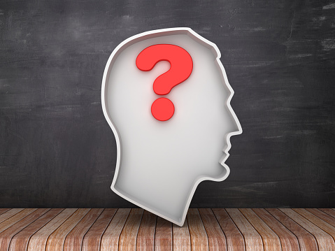 Human Head Shape with Question Mark on Chalkboard Background - 3D Rendering