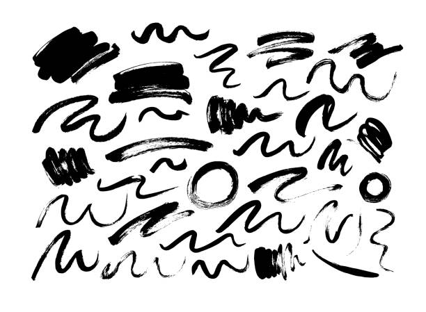 ilustraciones, imágenes clip art, dibujos animados e iconos de stock de pinceladas secas negras a mano. colección de manchas grunge con líneas y círculos curvados. - blob splattered ink spray