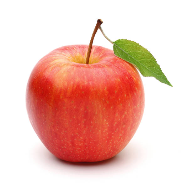 single gala apple with leaf isolated - apple red portion fruit imagens e fotografias de stock