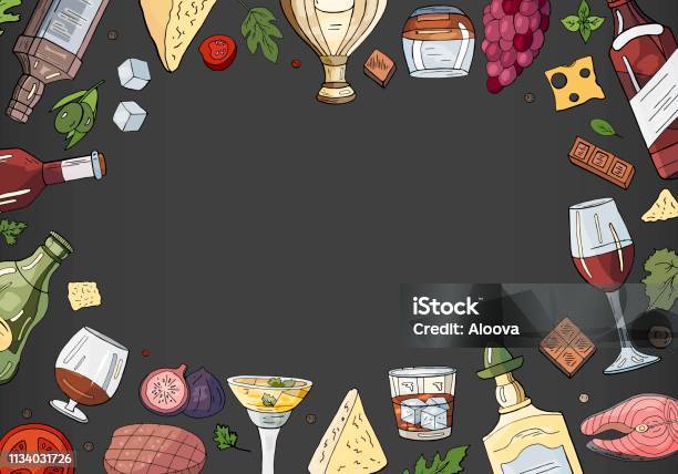 Hand Drawn Alcohol Collection With Space For Text On Black Background Vector Alcohol Drinks And Food Collection Stock Illustration - Download Image Now