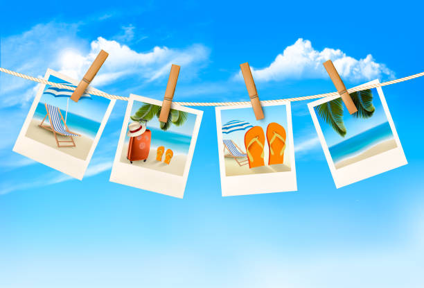 Travel background with vacation photos hanging on a rope. Vector Travel background with vacation photos hanging on a rope. Vector clothesline photos stock illustrations