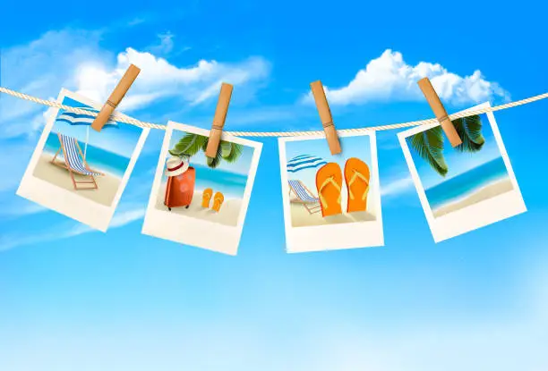 Vector illustration of Travel background with vacation photos hanging on a rope. Vector
