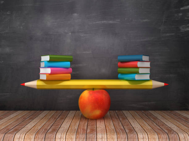escala de seesaw con lápiz de manzana y libros sobre fondo de pizarra-renderizado 3d - weight scale apple comparison balance fotografías e imágenes de stock