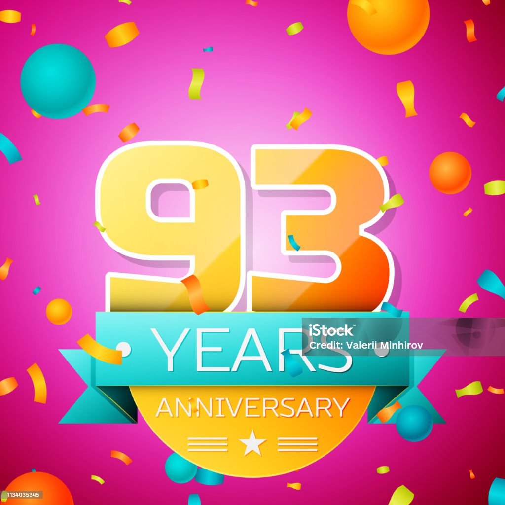 Realistic Ninety three Years Anniversary Celebration design banner. Goldnummern und Cyan-Band, Luftballons, Konfetti auf rosa Hintergrund. Bunte Vector-Schablonen für Ihre Geburtstagsfeier - Lizenzfrei 90. Geburtstag Vektorgrafik