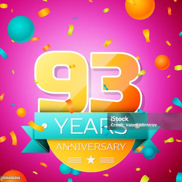 Realistic Ninety Three Years Anniversary Celebration Design Banner Goldnummern Und Cyanband Luftballons Konfetti Auf Rosa Hintergrund Bunte Vectorschablonen Für Ihre Geburtstagsfeier Stock Vektor Art und mehr Bilder von 90. Geburtstag