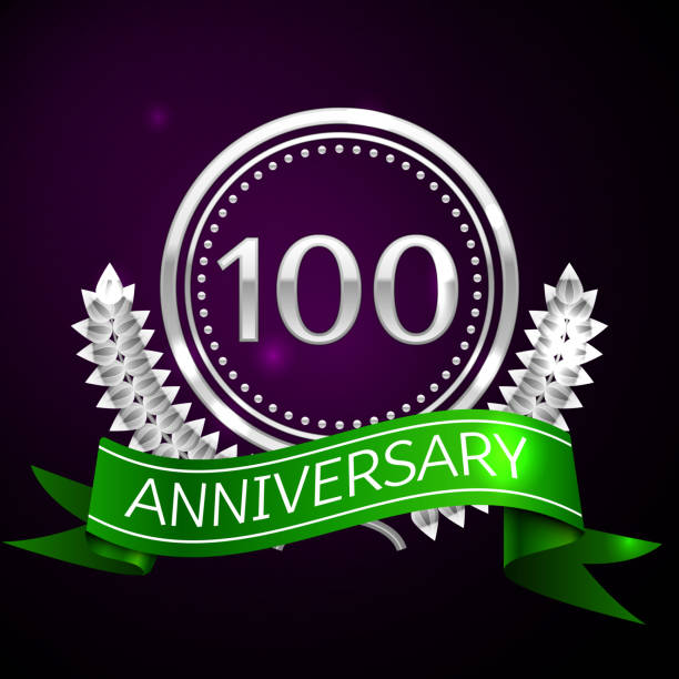 Hundred Years Anniversary Celebration design banner. Silver ring and green ribbon on purple background. Colorful Vector template elements for your birthday party Hundred Years Anniversary Celebration design banner. Silver ring and green ribbon on purple background. Colorful Vector template elements for your birthday party old old fashioned black 100th anniversary stock illustrations