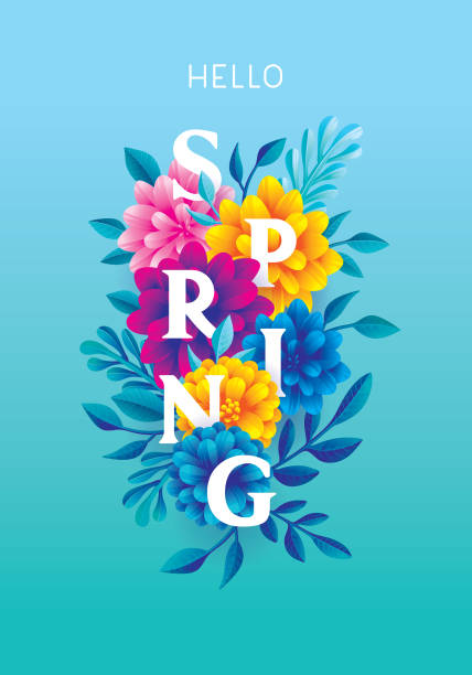 Hello spring greeting card Editable vector illustration on layers. 
This is an AI EPS 10 file format, with transparency effects and gradients. vibrant color illustrations stock illustrations