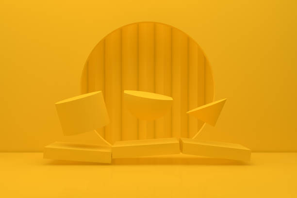 istock Zero Gravity 3D Scene, Geometric Shapes with Empty Product Stand, Platform, Abstact Minimal Yellow Background 1134039804