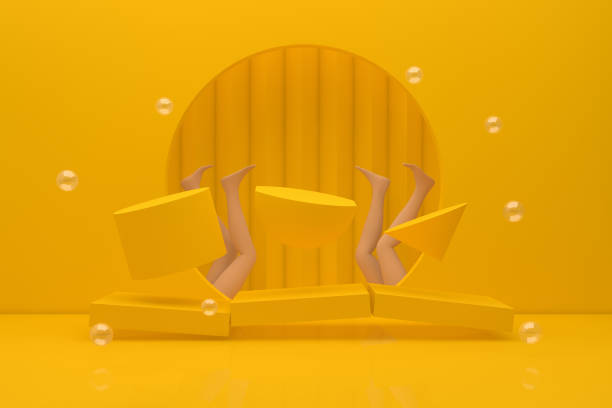 istock Zero Gravity 3D Scene, Geometric Shapes with Empty Product Stand, Platform, Abstact Minimal Yellow Background 1134039980