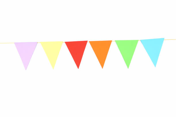 istock Colorful paper flags hanging on white background 1134039999