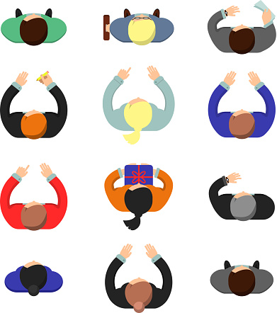 Managers top view. Standing or sitting business people male and female working in office vector flat pictures. Illustration of people male and female