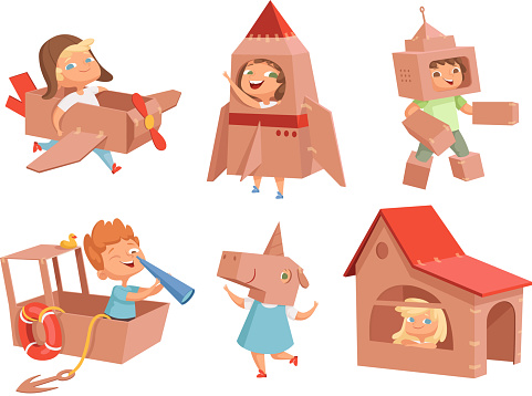 Cardboard kids playing. Childrens games with paper containers making airplane car and ship vector characters in cartoon style. Illustration of cardboard box costume, robot helmet and house