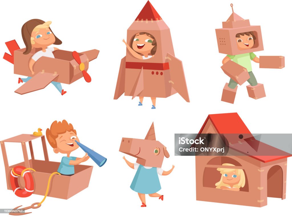 Cardboard Kids Playing Childrens Games With Paper Containers Making  Airplane Car And Ship Vector Characters In Cartoon Style Stock Illustration  - Download Image Now - iStock