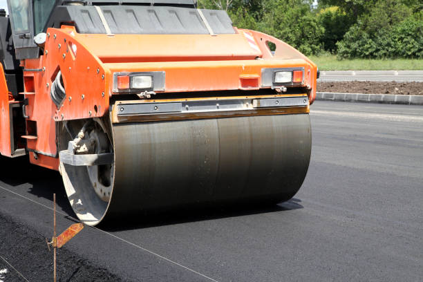 Heavy Vibration roller compactor at asphalt pavement works for road repairing