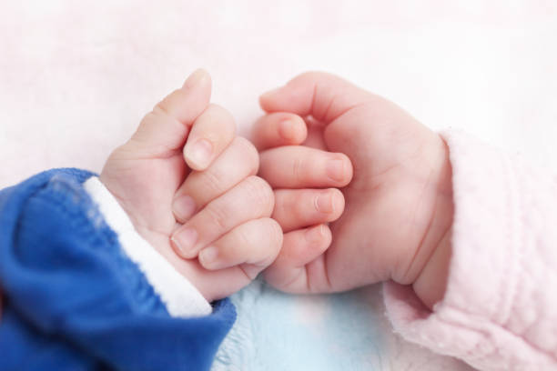 close-up van pasgeboren tweeling handen. - eeneiige tweeling stockfoto's en -beelden