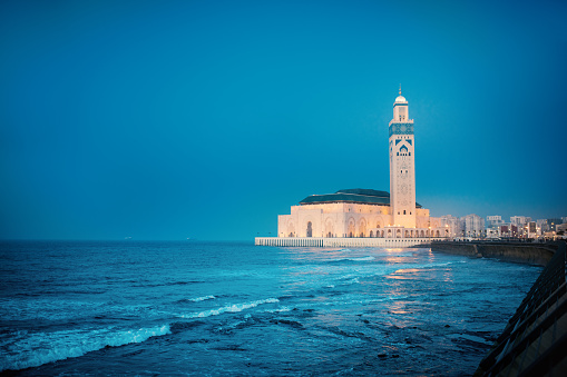 The largest Mosque in Morocco during a sunset. The Hassan II Mosque. Beautiful sunset in Casablanca.