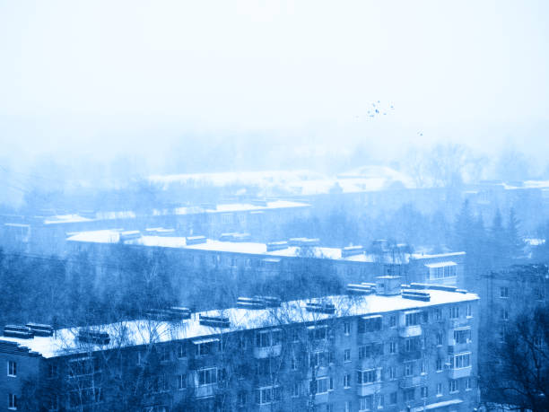 Zigzag roofs of buildings during snowing background