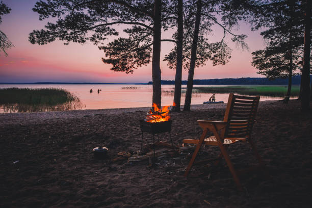 istock Camp fire on sandy beach, beside lake at sunset. 1134048640