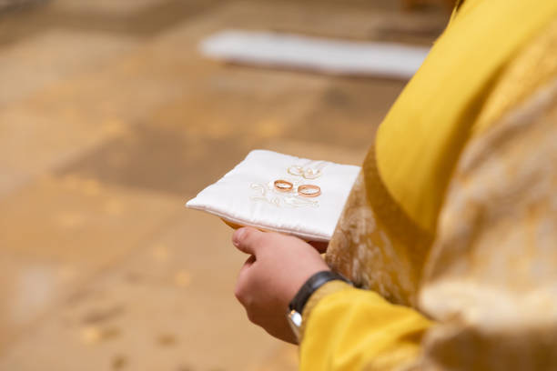 istock Gold rings on the stand for rings 1134051717