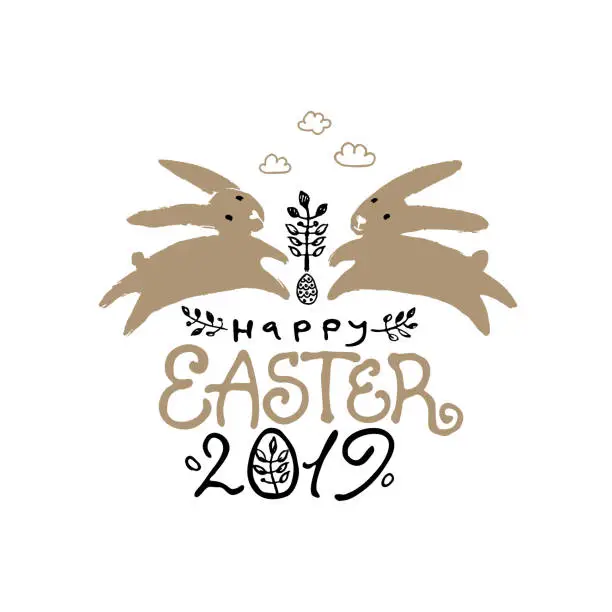 Vector illustration of Happy Easter 2019. Vector illustration with two jumping Easter bunnies.