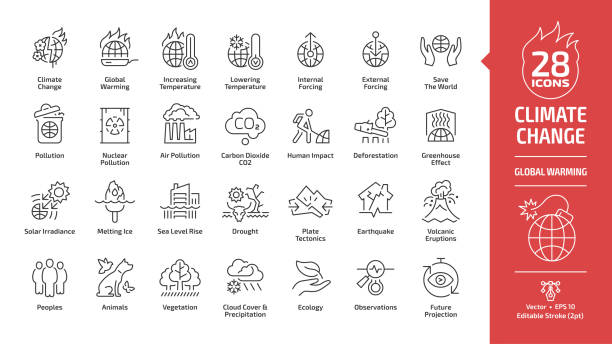 illustrazioni stock, clip art, cartoni animati e icone di tendenza di il cambiamento climatico o il riscaldamento globale modificabili stroke outline icon set con aumento e abbassamento della temperatura a livello mondiale, inquinamento nucleare globale e aria co2, effetto serra, scioglimento della linea di ghiaccio segno ec - air pollution immagine