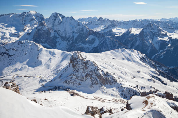 View from Sass Pordoi, Arabba-Marmolada, Dolomites, Italy stock photo