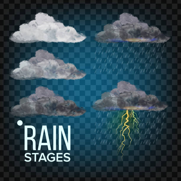 비 단계 벡터입니다. 클라우드, 폭풍. 날씨 아이콘입니다. 현실적인 고립 된 투명 그림 - thunderstorm rain sun lightning stock illustrations