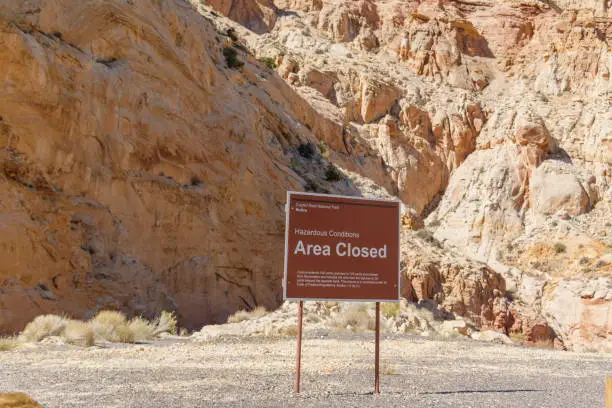 Photo of Area closed sign along Scenic Byway 12 in Utah is one of the most scenic roads in the world