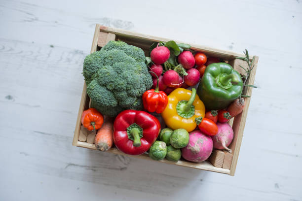 Veggies in wood box with white wood backdrop