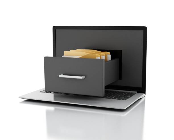 istock 3d Laptop and file cabinet with folders. 1134064399