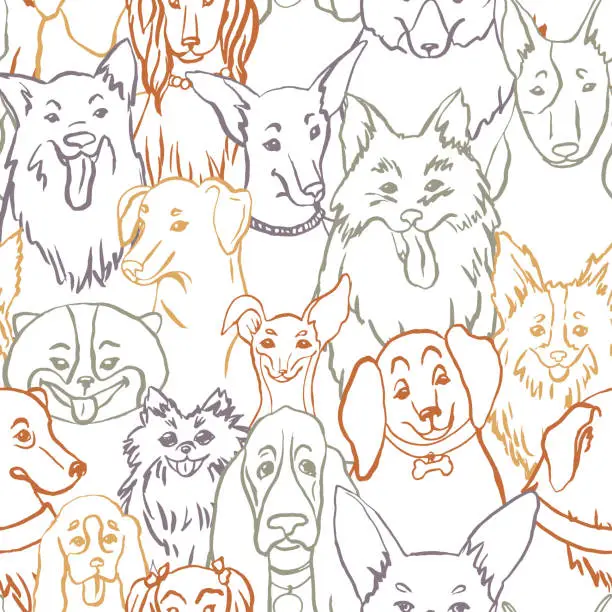 Vector illustration of Dogs seamless vector pattern. Illustration with bulldog, bobtail, dachshund, bullterrier, Doberman,  Chihuahua