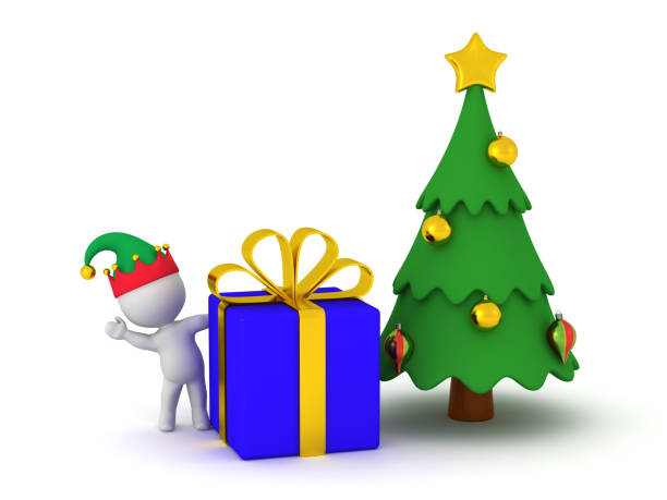 istock 3D Character in Elf Hat with Christmas Tree and Gift 1134068969