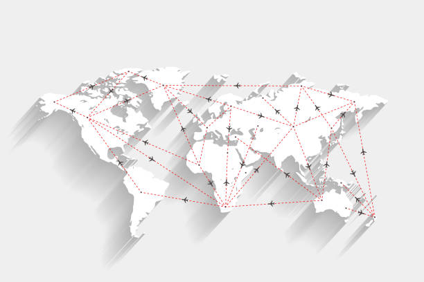 ilustrações, clipart, desenhos animados e ícones de rotas do aeroporto e do avião no mapa de mundo branco, vetor, ilustração, arquivo do eps 10 - global positioning system cartography map globe