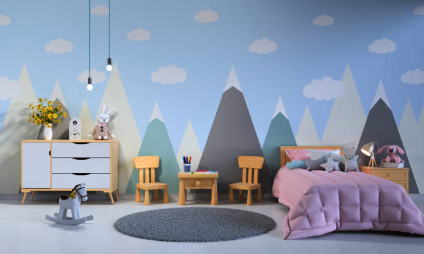 интерьер детской спальни ночью, 3d рендеринг - bedroom wall pink bed стоковые фото и изображения