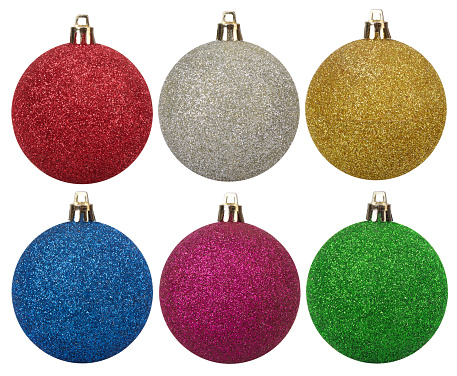 Set of red, golden, blue, silver, green and pink Christmas balls. Glitter spheres with metallic effect. Sparkle decorative template. Holiday design. Isolated on white background