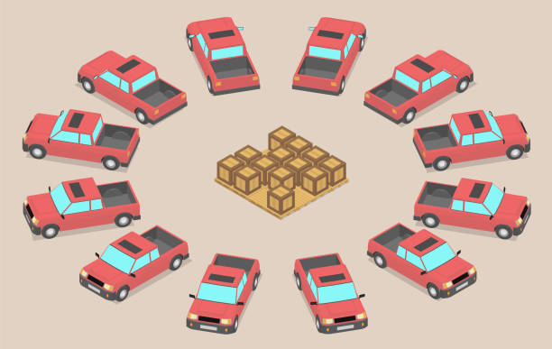 illustrations, cliparts, dessins animés et icônes de camionnettes en attente d'être chargées. - isometric truck traffic semi truck