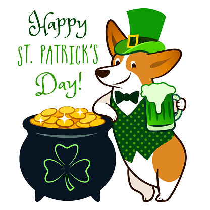 Cute Corgi Dog Dressed As Leprechaun Holding Green Beer Mug With Pot Of Gold  Coins Vector Cartoon Illustration St Patricks Day Dog Lovers Pets Theme  Greeting Card Design Isolated On White Stock