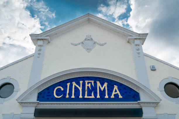 Outdoor cinema with white projection screen - toned image
