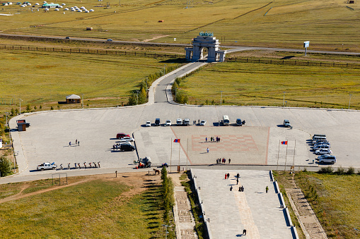 Tsonjin boldog, Mongolia - September 14, 2018: The giant Genghis Khan Equestrian Statue. Top view of the square in front of the statue. Entrance to the complex.