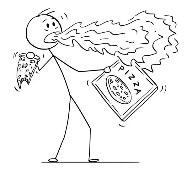 Vector illustration of Cartoon of Man With Fire Coming Out of His Mouth When Eating Pepper Pizza