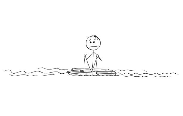 Cartoon of Man or Castaway Sitting Alone on Piece of Wood in the Middle of Ocean Cartoon stick figure drawing conceptual illustration of lonely man or castaway sitting lost and alone in the middle of ocean on piece of wood. castaway stock illustrations