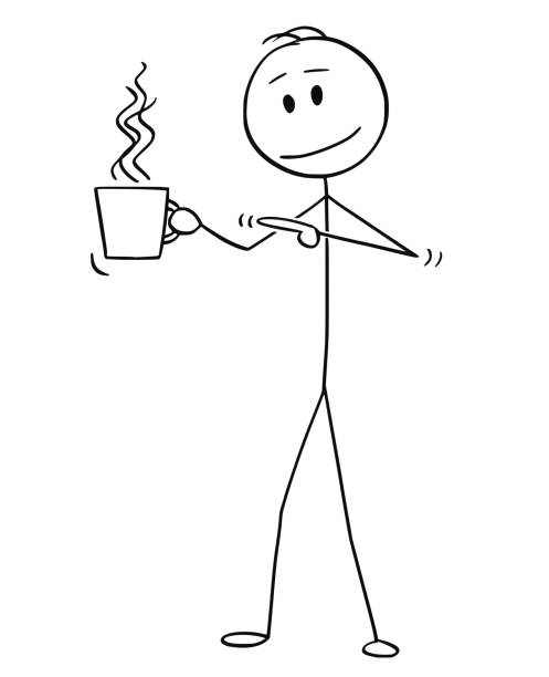 Cartoon of Man Holding and Pointing at Cup of Hot Beverage, Coffee or Tea Cartoon stick figure drawing conceptual illustration of man holding cup of hot beverage, coffee or tea and pointing at it. hot male drawing stock illustrations