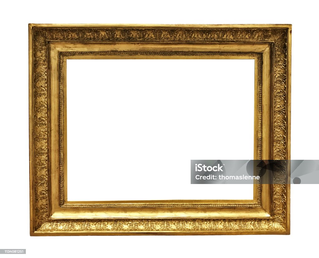 antique golden textured masterpiece frame antique golden textured masterpiece frame with copyspace isolated on white backround Picture Frame Stock Photo