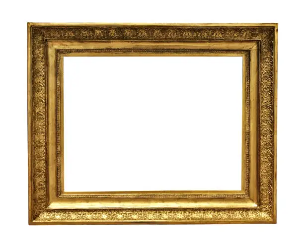 antique golden textured masterpiece frame with copyspace isolated on white backround
