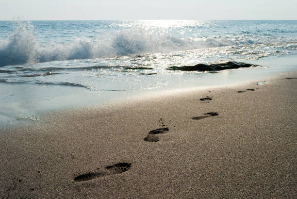 istock footprints in the sand on the sea coast, beach, waves 1134081332