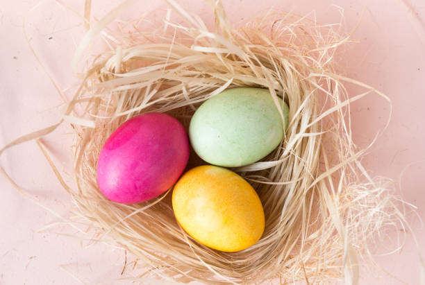 istock yellow, green, pink boiled chicken Easter eggs in nest on pink background, top view 1134081776